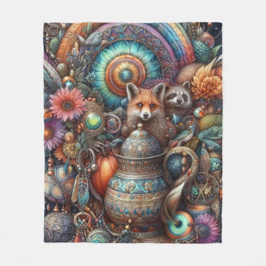 Boho Fox Raccoon Floral Design Fleece Deken (Voorkant)