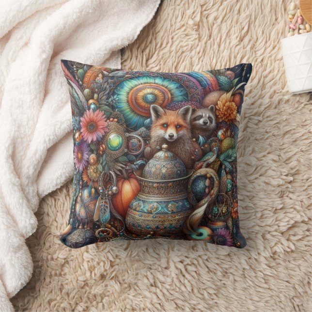 Boho Fox Raccoon Floral Design Kussen (Deken)