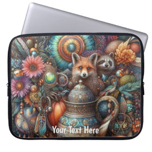 Boho Fox Raccoon Floral Design Laptop Sleeve