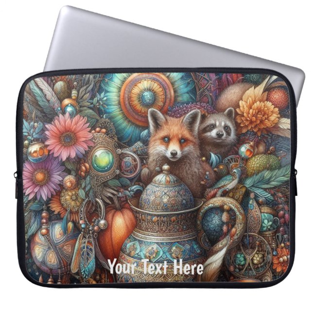 Boho Fox Raccoon Floral Design Laptop Sleeve (Voorkant)