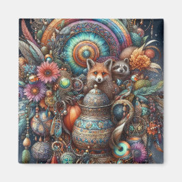 Boho Fox Raccoon Floral Design Magneet