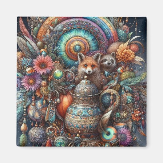 Boho Fox Raccoon Floral Design Magneet (Voorkant)