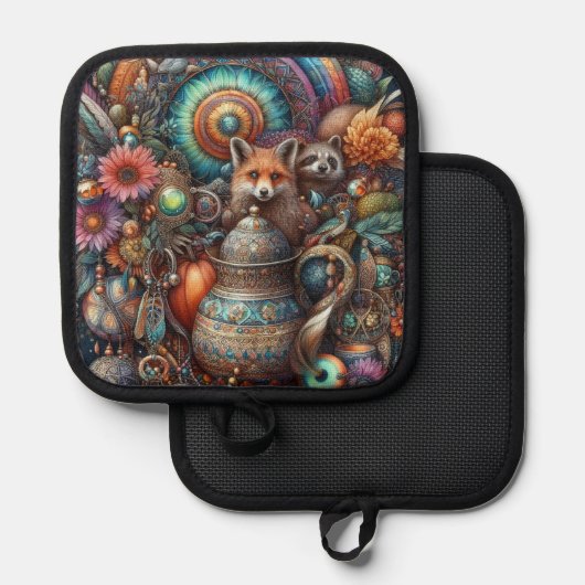 Boho Fox Raccoon Floral Design Pannenlap (Voorkant / Achterkant)