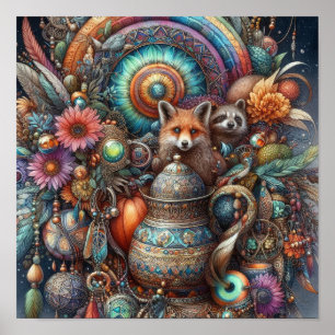 Boho Fox Raccoon Floral Design Poster