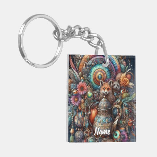 Boho Fox Raccoon Floral Design Sleutelhanger (Voorkant Links)