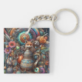 Boho Fox Raccoon Floral Design Sleutelhanger (Achterkant)