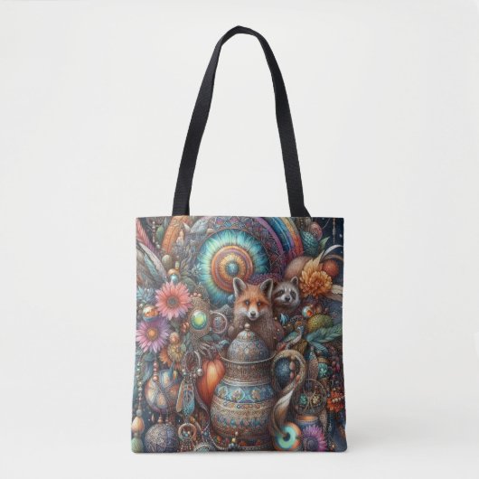 Boho Fox Raccoon Floral Design Tote Bag (Voorkant)