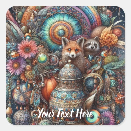 Boho Fox Raccoon Floral Design Vierkante Sticker (Voorkant)