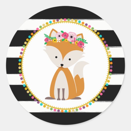Boho Fox Striped Pompom geïnspireerd Baby shower Ronde Sticker (Voorkant)