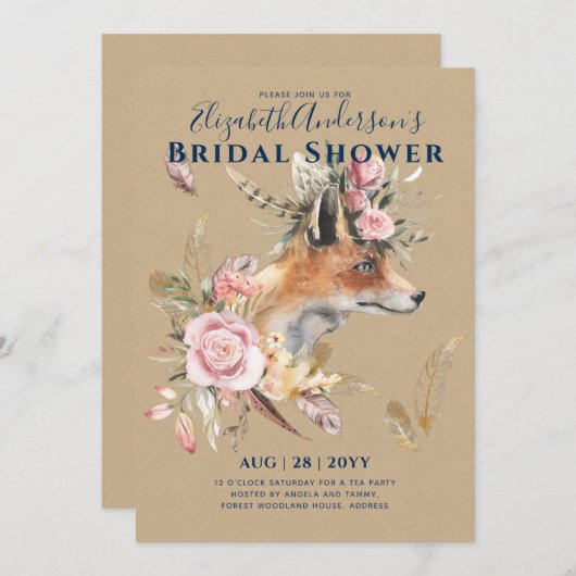 Boho FOX Vrijgezellenfeest Woodland Feathers Flora Kaart (Voorkant / Achterkant)