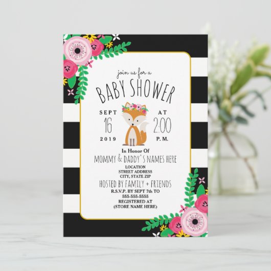 Boho Fox Zwart + Wit Streep Baby shower Invite Kaart (Staand voorkant)