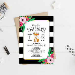 Boho Fox Zwart + Wit Streep Baby shower Invite Kaart