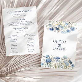 Boho French Blue Wildflower Meadow Wedding Program Kaart