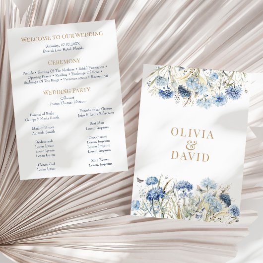 Boho French Blue Wildflower Meadow Wedding Program Kaart