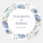 Boho French Blue Wildflowers Paar Namen Ronde Sticker (Voorkant)