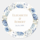 Boho French Blue Wildflowers Paar Namen Ronde Sticker (Voorkant)