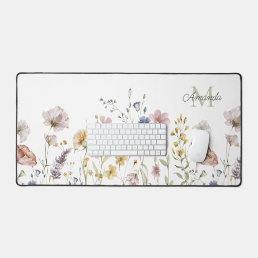 Boho Fresh Waterverf Wildbloemen met Monogram Bureaumat (Keyboard & Muis)