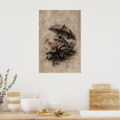 Boho Frog Under Umbrella With Fall Flowers Print (Keuken)