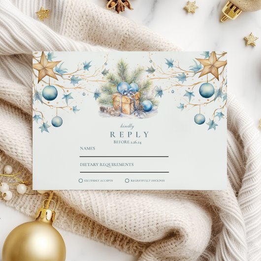 Boho Frosted Blue Pine Wedding RSVP Kaartje
