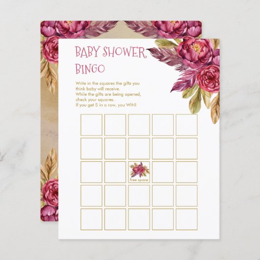 Boho Fuchsia Peony Blooms Baby shower Bingo Kaart (Voorkant / Achterkant)
