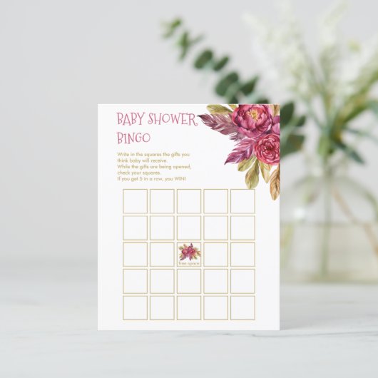 Boho Fuchsia Peony Blooms Baby shower Bingo Kaart (Staand voorkant)