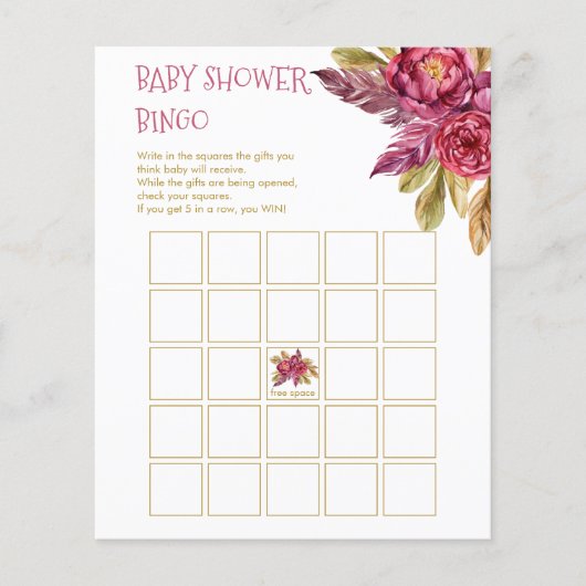 Boho Fuchsia Peony Blooms Baby shower Bingo Kaart (Voorkant)
