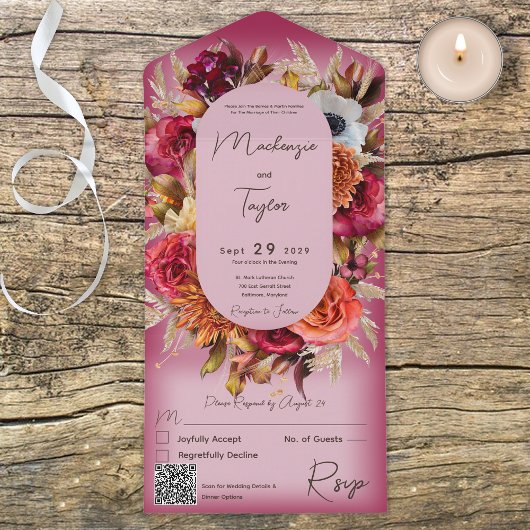 Boho Fuchsia Roze Moderne Bloemenkrans QR Code All In One Uitnodiging