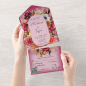 Boho Fuchsia Roze Moderne Bloemenkrans QR Code All In One Uitnodiging (Afscheurbaar)