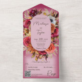 Boho Fuchsia Roze Moderne Bloemenkrans QR Code All In One Uitnodiging (Binnen)