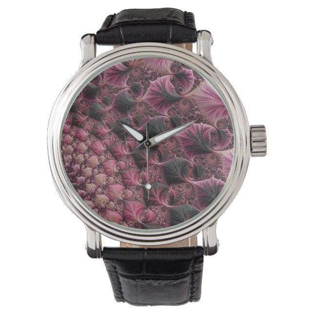 Boho Funky Eclectisch Roze Zwart Abstract Fractal Horloge (Voorkant)