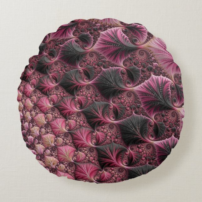 Boho Funky Eclectisch Roze Zwart Abstract Fractal Rond Kussen (Voorkant)