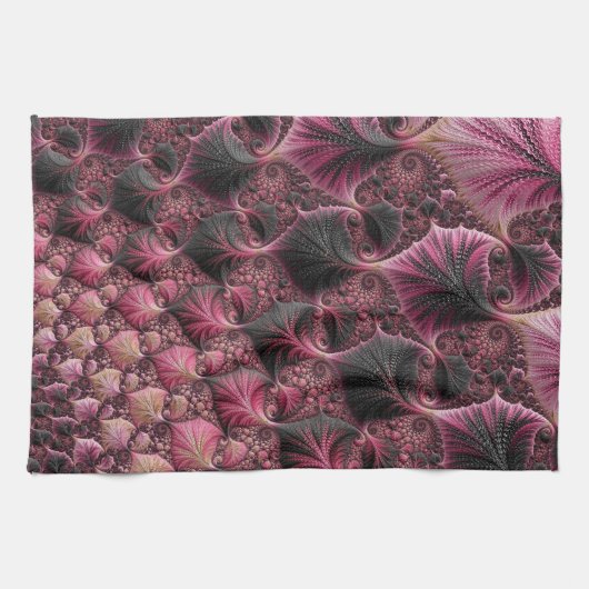 Boho Funky Eclectisch Roze Zwart Abstract Fractal Theedoek (Horizontaal)