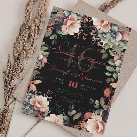  Boho Garden Floral Sweet 16 Zwart Kaart