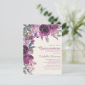 Boho Garden Paars Lila Floral Script Quinceañera Kaart (Staand voorkant)