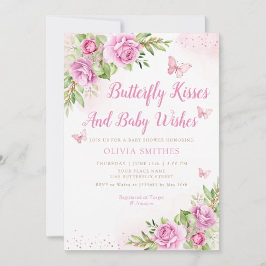 Boho Garden Pink Butterfly Kisses Girl Baby shower Kaart (Voorkant)
