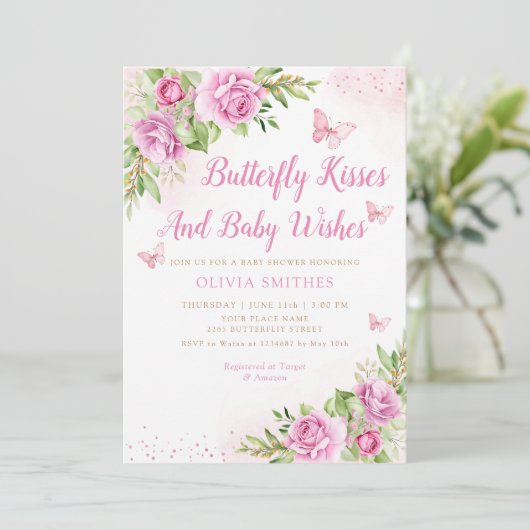Boho Garden Pink Butterfly Kisses Girl Baby shower Kaart (Staand voorkant)