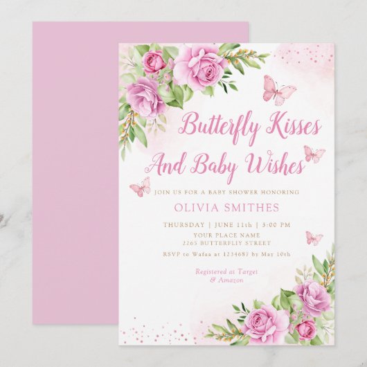 Boho Garden Pink Butterfly Kisses Girl Baby shower Kaart (Voorkant / Achterkant)