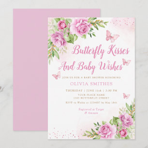 Boho Garden Pink Butterfly Kisses Girl Baby shower Kaart