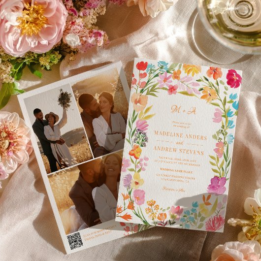 Boho Garden Summer Floral Photo QR Wedding Kaart