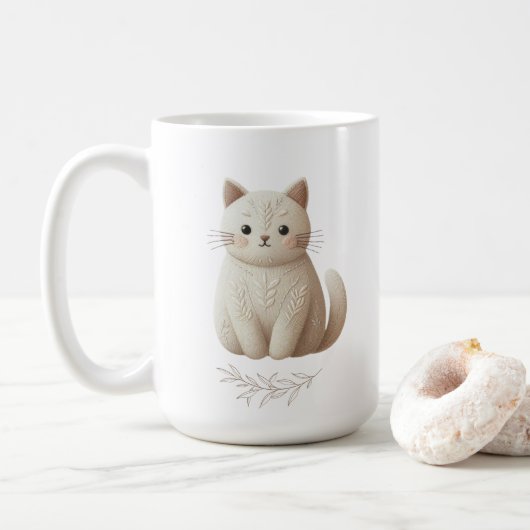 Boho geborduurd beige Kat met bladeren Koffiemok (Met donut)