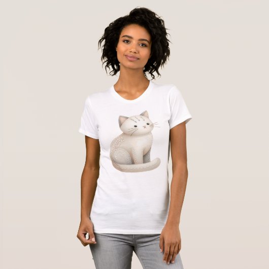 Boho geborduurd Cat T-shirt Beige Kat T-shirt (Voorkant volledig)