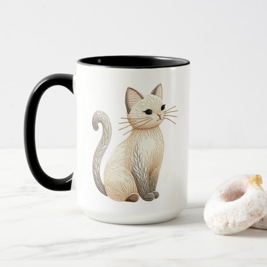 Boho geborduurd neutraal Kat op Coffee Cup Mok (Met donut)