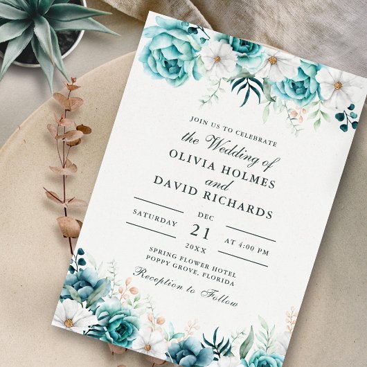 Boho Gebroken Wit Blauwgroen Wildbloemen Bruiloft Kaart