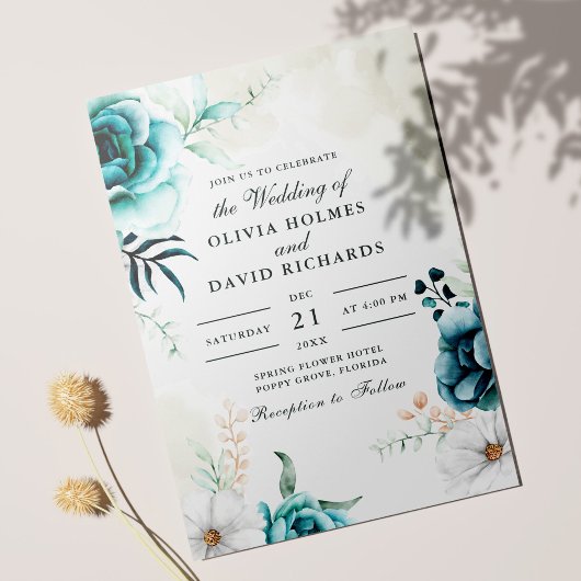 Boho Gebroken Wit Blauwgroen Wildbloemen Bruiloft  Kaart