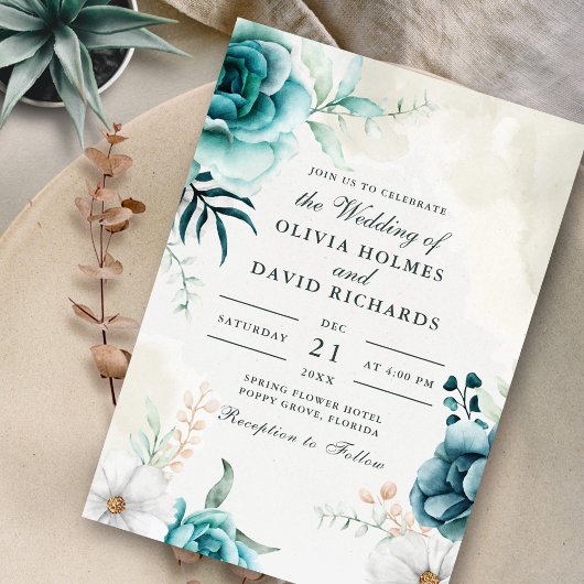 Boho Gebroken Wit Blauwgroen Wildbloemen Bruiloft Kaart