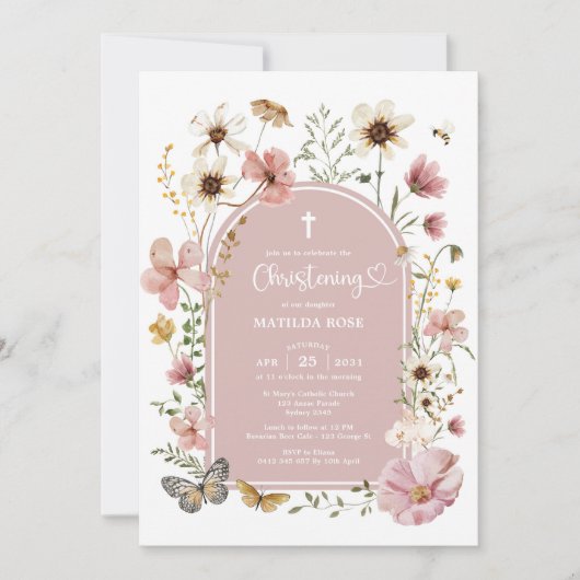 Boho gedempte Blush Wildflower Meadow doopsel Kaart (Voorkant)