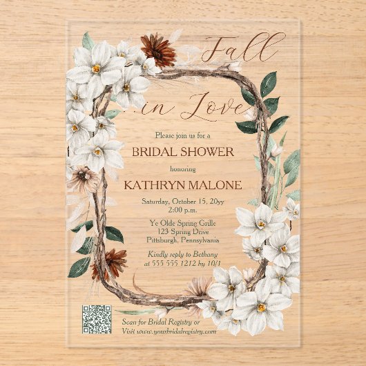 Boho gedempte Herfst Bloemen Herfst in Liefde Vrij Acryl Uitnodigingen (Voorkant)