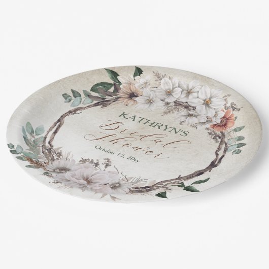 Boho gedempte herfst bloemige bruids-shower papieren bordje (Gekanteld)