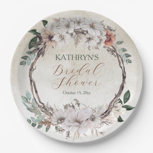 Boho gedempte herfst bloemige bruidsdouche papieren bordje (Voorkant)