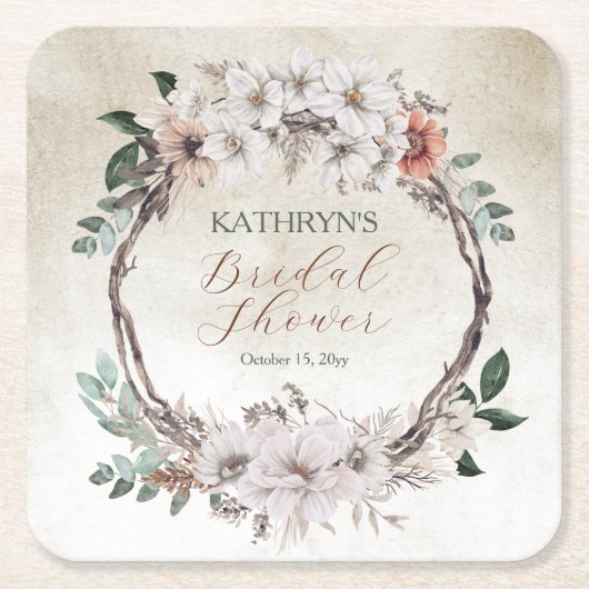 Boho gedempte herfst bloemige bruidsuitnodiging kartonnen onderzetters (Voorkant)